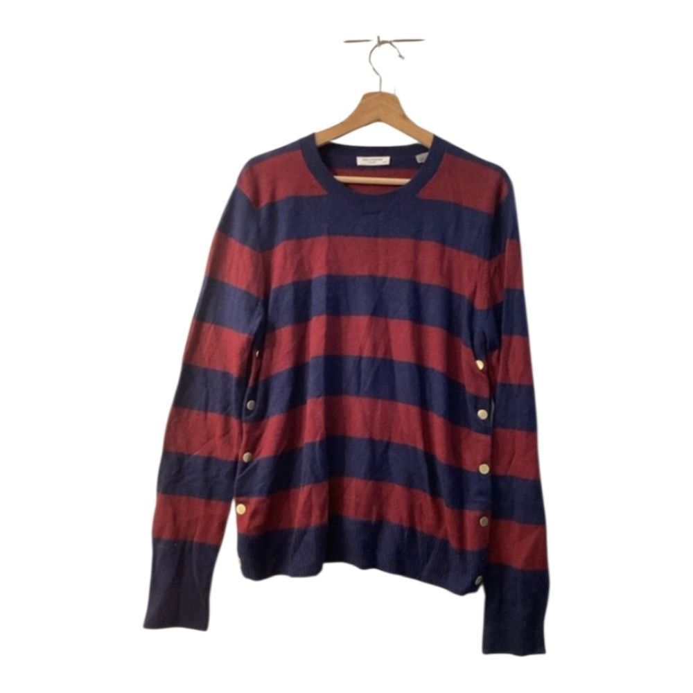 Equipment Cashemere‎ Red Navy Striped Button Shoulder Sweater Women’s L